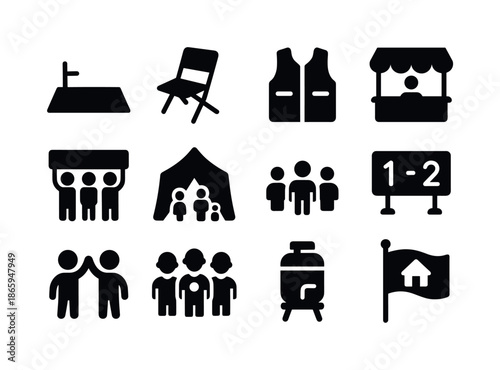 Community Games Icons. Community games. Solid icon set of community games: park field, folding chair, volunteer vest, concession stand, group banner, family