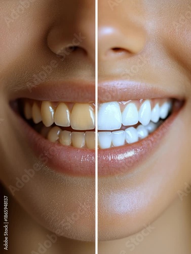 Showing teeth whitening results with before and after images in a simple comparison on a person's face in a clear setting