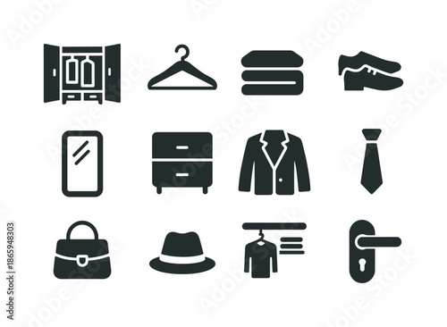 Wardrobe Icon Set. Wardrobe. Solid icon set of Wardrobe: open wardrobe, hanger, folded clothes, shoes, mirror, drawers, jacket, tie, bag, hat, shelf, door