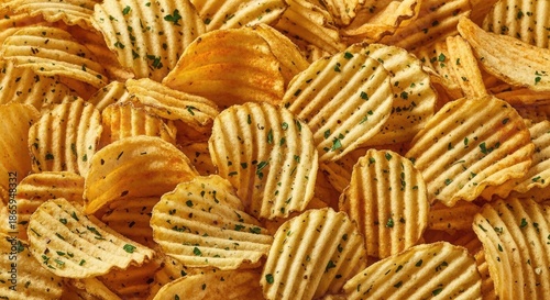 Golden ridged potato chips generously seasoned with vibrant green herbs spread across the frame, creating an appetizing and crunchy snack food background