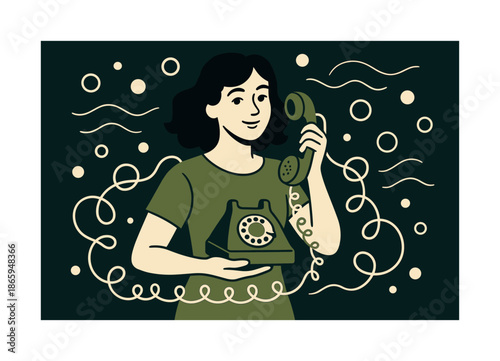 Retro Phone Aesthetic. Retro telephone styling. Model holding a rotary phone; curly cord forming playful loops. Bubbles and soft waves around the pose. Modern