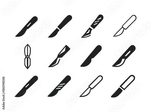 Sharp Tools Icons. Sharp tools. Icon set. Set Logo of sharp tools: scalpel. harmonious logo variations of the same emblematic concept, each with different