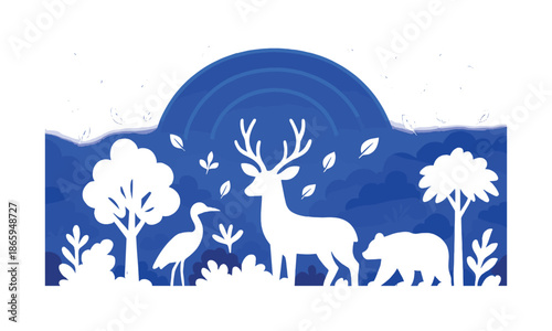 Ecosystem Harmony. Biodiversity conservation. Lush forest canopy with diverse species silhouettes rising; tiny leaf and paw icons floating in harmony. Radiant