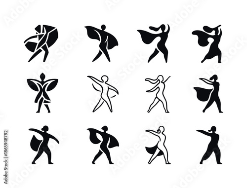 Modern Dance Logo Variations. A dancer practicing modern dance moves in an open studio. Icon set. Set Logo of a dancer practicing modern dance moves in an open