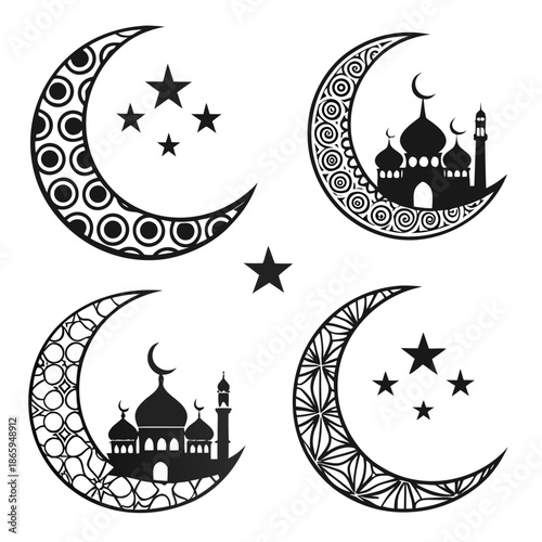 Illustrative crescent moons with islamic motifs