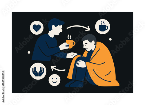 Acts of Kindness. Compassion in action. A person offering a warm blanket or drink; arrows flowing from one figure to another. Icons of care and comfort