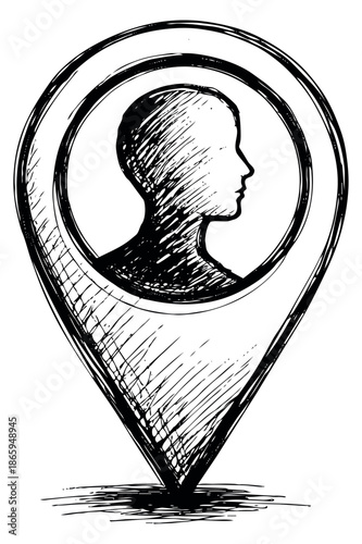 Hand drawn illustration of a location pin depicting a human profile for user identification