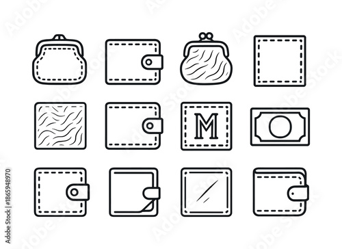 Vintage Wallet Icon Set. old leather wallet. Line icon set of old leather wallet: vintage wallet emblem, classic wallet silhouette, old-style clasp, stitched
