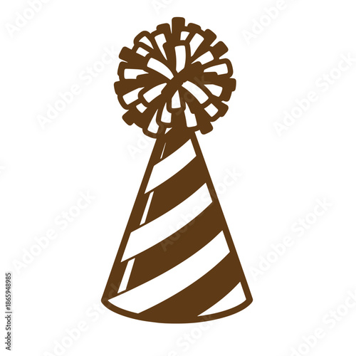 Brown party hat with white stripes and pom pom on top for celebrations  festive accessory