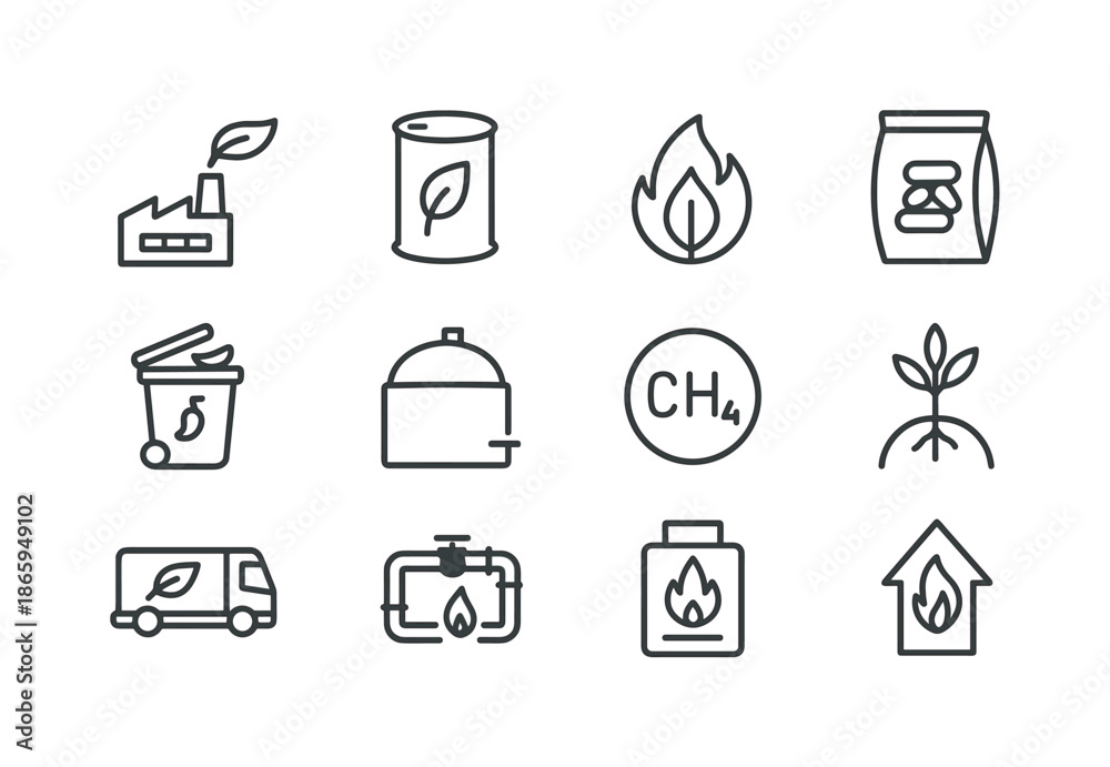 Fototapeta premium Biomass Icon Set. Biomass & Bioenergy. Line icon set of Biomass & Bioenergy: biomass plant, biofuel tank, leaf flame icon, pellet bag, organic waste bin,