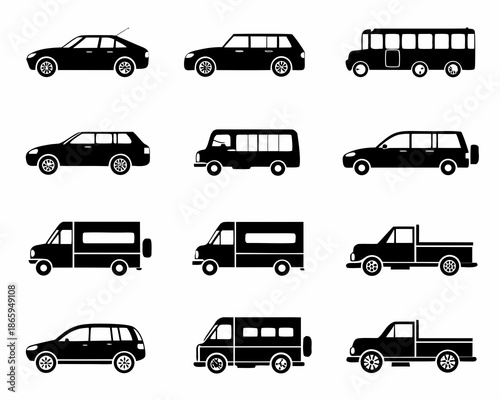 Diverse collection of vehicle silhouettes cars vans trucks and buses
