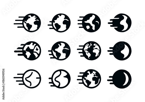 Earth Rotation Logos. Earth's rotation. Icon set. Set Logo of earth's rotation: Earth with motion lines. harmonious logo variations of the same emblematic