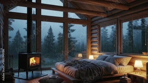 Warm log cabin bedroom interior featuring a roaring fireplace, large panoramic windows displaying heavy rain, and a peaceful forest view, symbolizing luxury relaxation and cozy winter holidays.