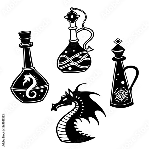 Fantasy potion bottles and dragon illustration