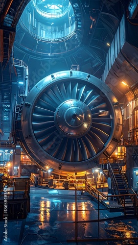 Massive turbine in a futuristic industrial setting with blue and orange light