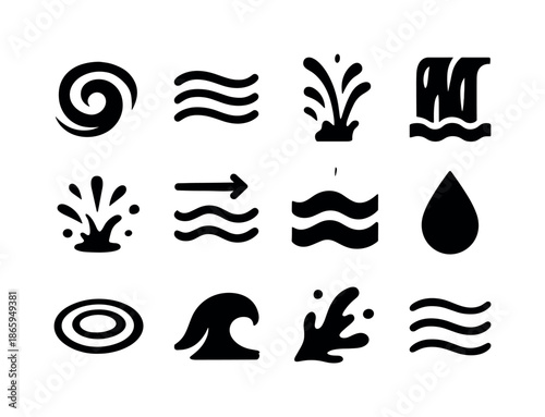 Black Water Icons. Running water. Solid icon set of Running water: rapid swirl, flowing line, water burst, cascade mark, splashing dot, current drag arrow,