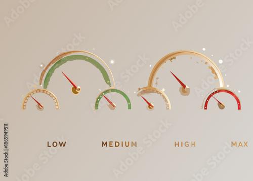 Gauge indicators displaying low medium high and maximum levels on a beige background