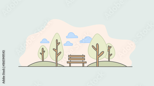 Serene park scene with a bench under trees and gentle clouds, depicting a peaceful outdoor setting
