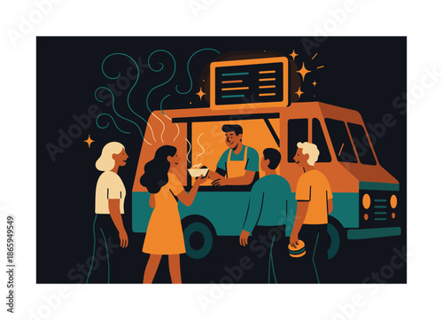 Food Truck Frenzy. Food truck delight. Customers gathered around a colorful food truck with glowing menu board; soft arcs showing aroma trails. Light sparks