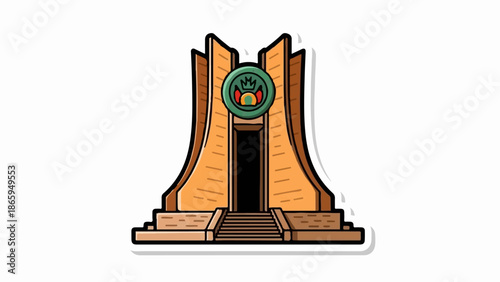 Stylized illustration of an ornate, sandstone-colored monument with a central emblem