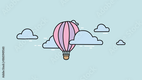 Graceful pastel hot air balloon, drifting through a serene blue sky with fluffy clouds, symbolizing tranquil travel and delightful skyward adventures
