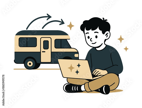 Mobile Learning Adventure. Remote learning on the road. A kid studying on a laptop near a camper van; gentle arrows indicating knowledge flow. Soft spark