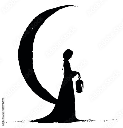 Silhouette illustration of a woman depicting holding a lantern by a crescent moon for fantasy and mystery concepts