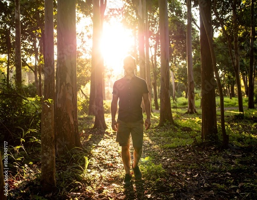 Man walking through sunlit forest with trees in the foreground and bright light behind him