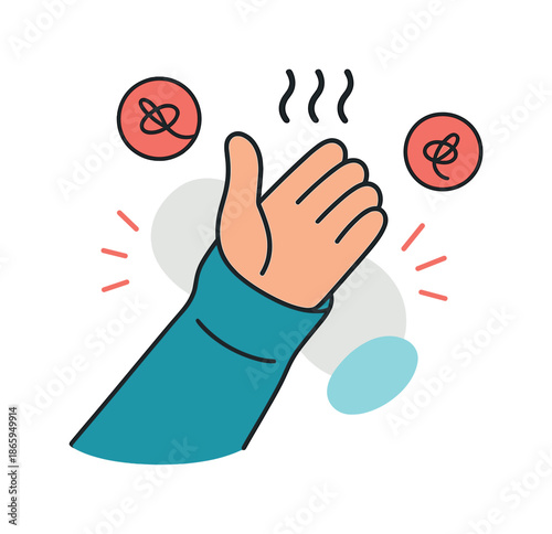 Cozy Sleeve Design. Sleeve over thumb. A hand pokes through a thumb-hole in the sleeve; floating thread icons and warmth waves radiate outward.