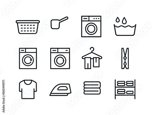 Laundry Icons Set. Laundry Workflow. Line icon set of Laundry Workflow: sorting basket, detergent scoop, washer icon, rinse cycle icon, spin cycle icon, dryer