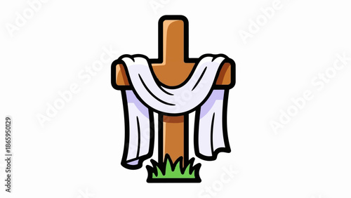 Wooden cross draped in white cloth with green grass