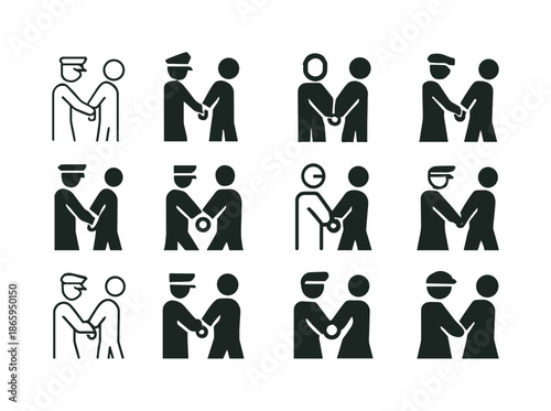 Arrest Silhouette Icon Set. Person Being Arrested in Public. Icon set. Set Logo of Person Being Arrested in Public: officer placing handcuffs on individual