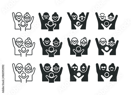Grandparents Cheering Icons. Grandparents attending kids' sports games. Icon set. Set Logo of Grandparents attending kids' sports games: cheering elderly