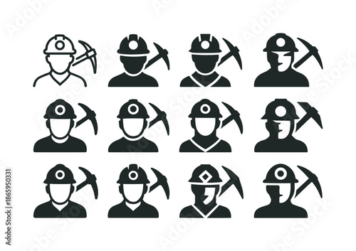 Mining Icon Set. Underground Mining Techniques. Icon set. Set Logo of Underground Mining Techniques: miner with helmet and pickaxe. harmonious logo variations