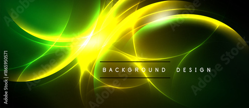 Abstract vibrant design features flowing yellow, green lines. Dark background enhances luminosity, creating dynamic visual effect.