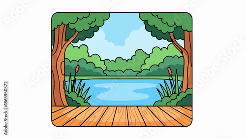 Wooden dock on a tranquil lake surrounded by lush trees and a bright blue sky