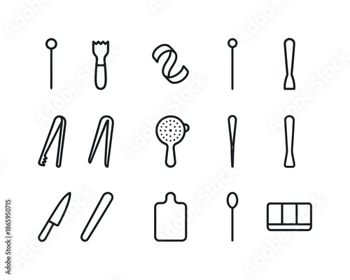 Cocktail Garnish Tool Icons. Cocktail garnishing tools. Line icon set of Cocktail garnishing tools: olive picker, lemon zester, twist, skewer, tongs, strainer,
