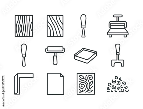 Relief Printing Icons. Relief printing. Line icon set of relief printing: woodblock, linoleum block, carving gouge, V-tool, U-tool, brayer, ink slab, press