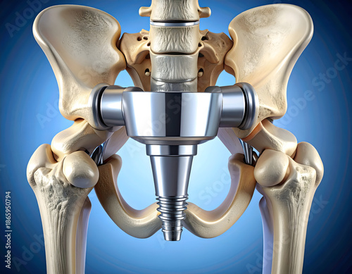 Anatomical view of a hip replacement in the body