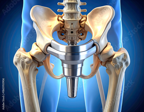 A detailed look at a hip replacement implant and the skeletal system of the hip
