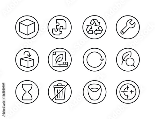 Circular Design Icons. Circular Design. Line icon set of Circular Design: modular product, detachable parts, recyclable design, repair-friendly icon, reusable
