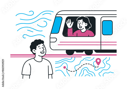 Bittersweet Goodbyes. Friendships and life transitions ? moving away. One friend waves from a train window as another smiles below; abstract wind and map lines