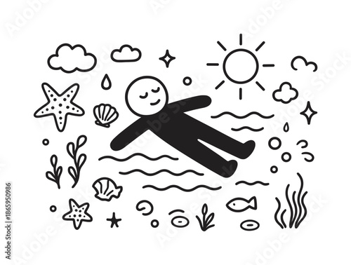 Floating Silhouette Doodle. Resting on water. Hand-drawn doodle illustration resting on water floating silhouette, waves, sun, cloud, seashell, starfish,