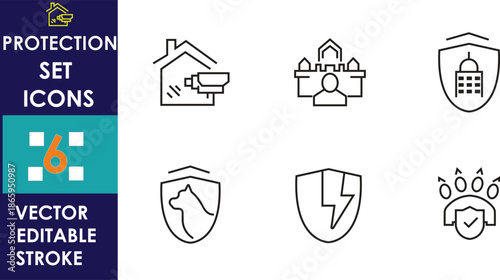 Minimal line icons set illustrating protection, security, insurance, safety, shield, home, data, health, and warranty concepts for editable vector design use in modern style.