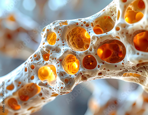 Close-up view of bone structure, revealing a detailed network of cells and intricate patterns