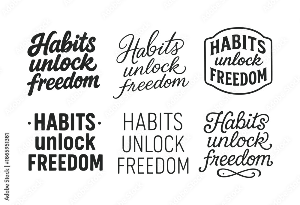 Fototapeta premium Diverse Lettering Styles. Habits unlock freedom. Set lettering. harmonious lettering variations of the same emblematic concept, each with different artistic