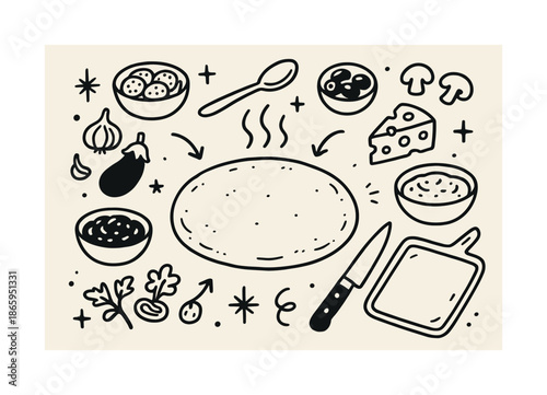 Pizza Prep Doodle. Pizza prep. Hand-drawn doodle illustration Pizza prep dough circle, toppings bowls, spoon, cheese, veggies, baking tray, knife, steam lines,