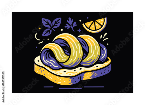 Vivid Avocado Toast. Creamy layered toast. Thick avocado ribbons curl over warm bread; abstract highlights show richness. Fresh elements hover above. Modern