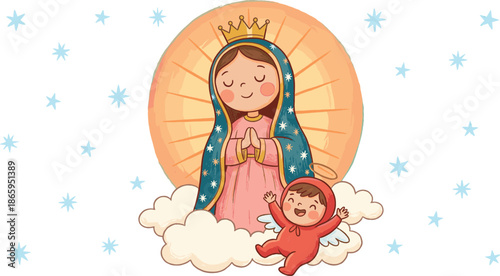 Cute Virgin Mary and baby Jesus angel illustration for Christmas religion faith worship cartoon vector design holy catholic christian art