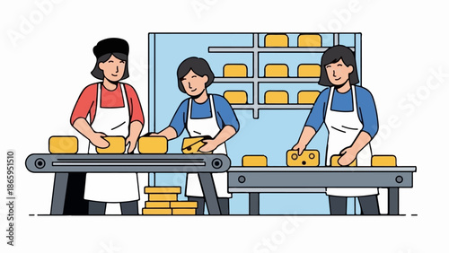 Workers in an apron making cheese on a conveyor belt in a factory